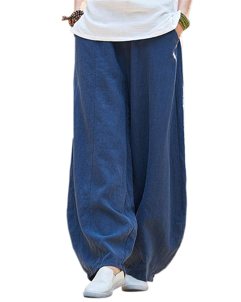 IXIMO Women's Casual Cotton Linen Baggy Pants with Elastic Waist Relax Fit Lantern Trousers Navy Blue M - Image 1